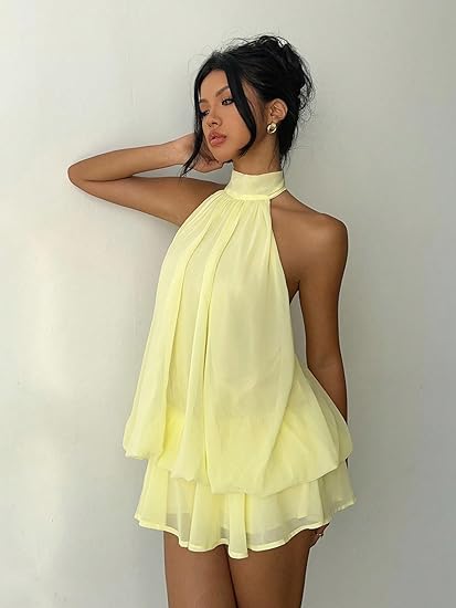 Halter Backless Chiffon Mini Dress with Built-in Shorts