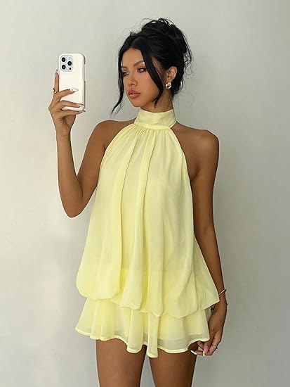 Halter Backless Chiffon Mini Dress with Built-in Shorts