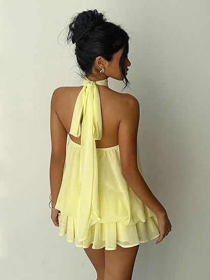 Halter Backless Chiffon Mini Dress with Built-in Shorts