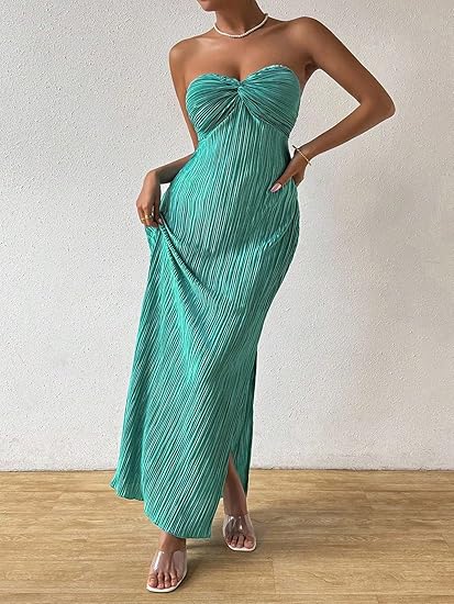 Strapless Backless Pleated Side Slit Bodycon Maxi Dress
