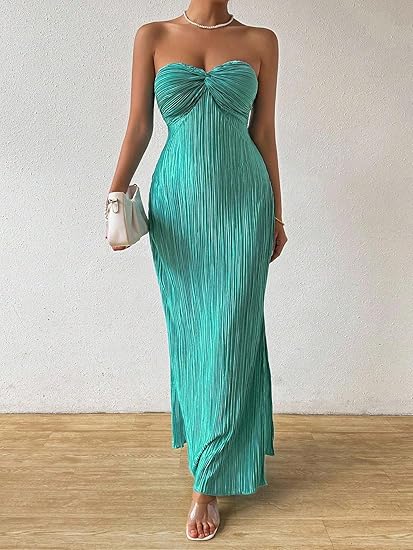 Strapless Backless Pleated Side Slit Bodycon Maxi Dress